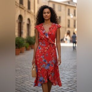 Magnolia Skye Women’s High Low Ruffle Wrap Floral Dress, size M